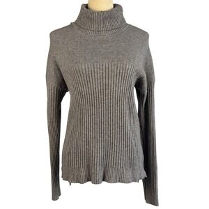 Womens Grey Ribbed Turtleneck Sweater Size Large Drop Shoulder Knit Top Cozy